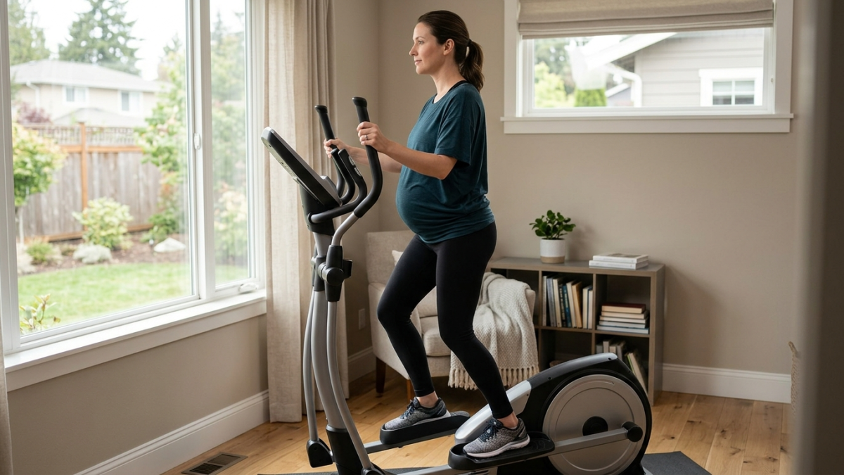 femme enceinte pratiquant le vélo elliptique à intensité douce
