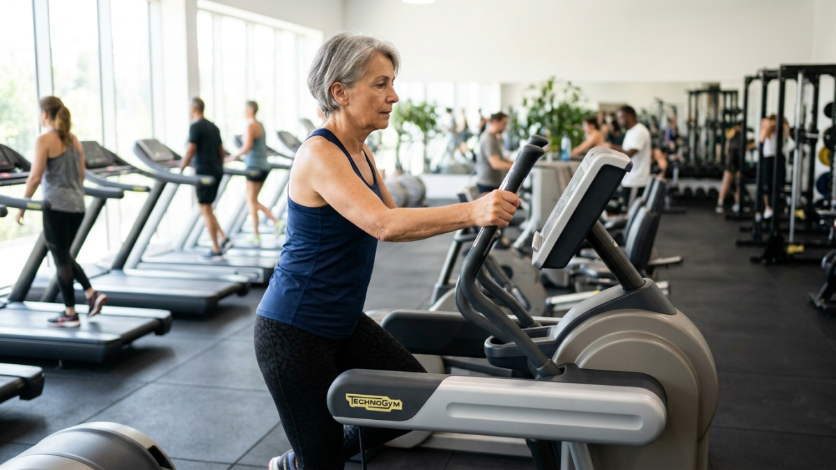 senior contrôlant sa fréquence cardiaque sur vélo elliptique